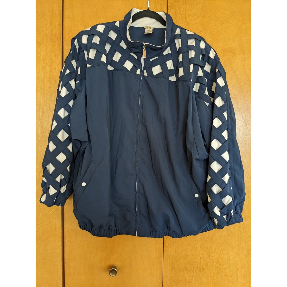 Teddi Woman Vintage Navy Blue White Lattice Basketweave Windbreaker Jacket 2X